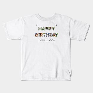 Happy Birthday - mixed dog breed oil painting word art Kids T-Shirt